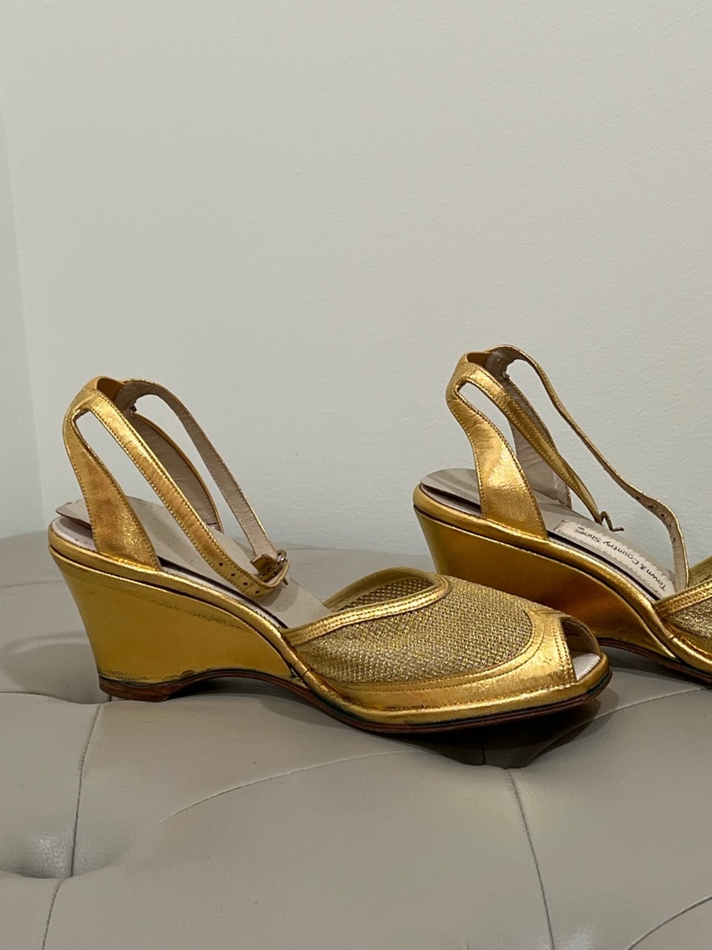 1940s vintage gold leather mesh peeptoe wedges